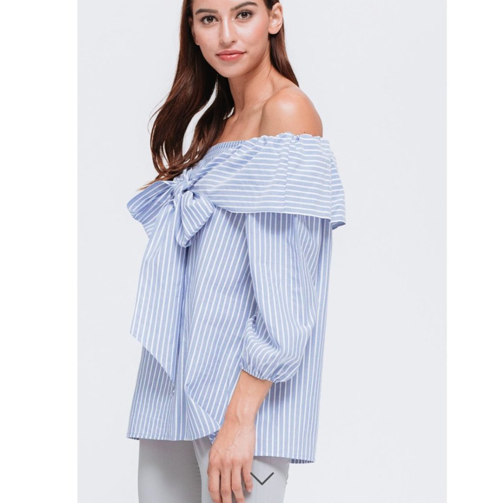 Anthropologie Pleione Off Shoulder Bow Top in Blue White Stripe - Picture 2 of 6